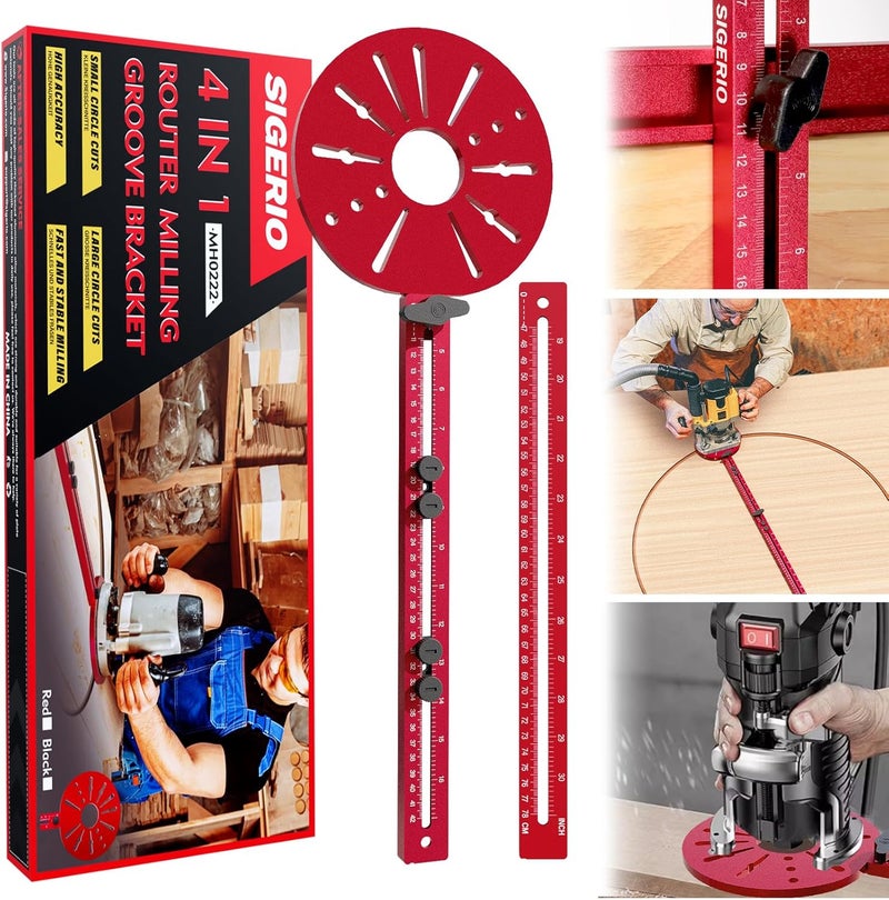 Sigerio New 4 in 1 Router Milling Groove Bracket, Aluminum Alloy Router Circle Cutting Jig, Multifunctional RouterGuide Cutting Large Circles from 10" to 58", Adjustable Woodworking Tool (Rose Red) - Image 1